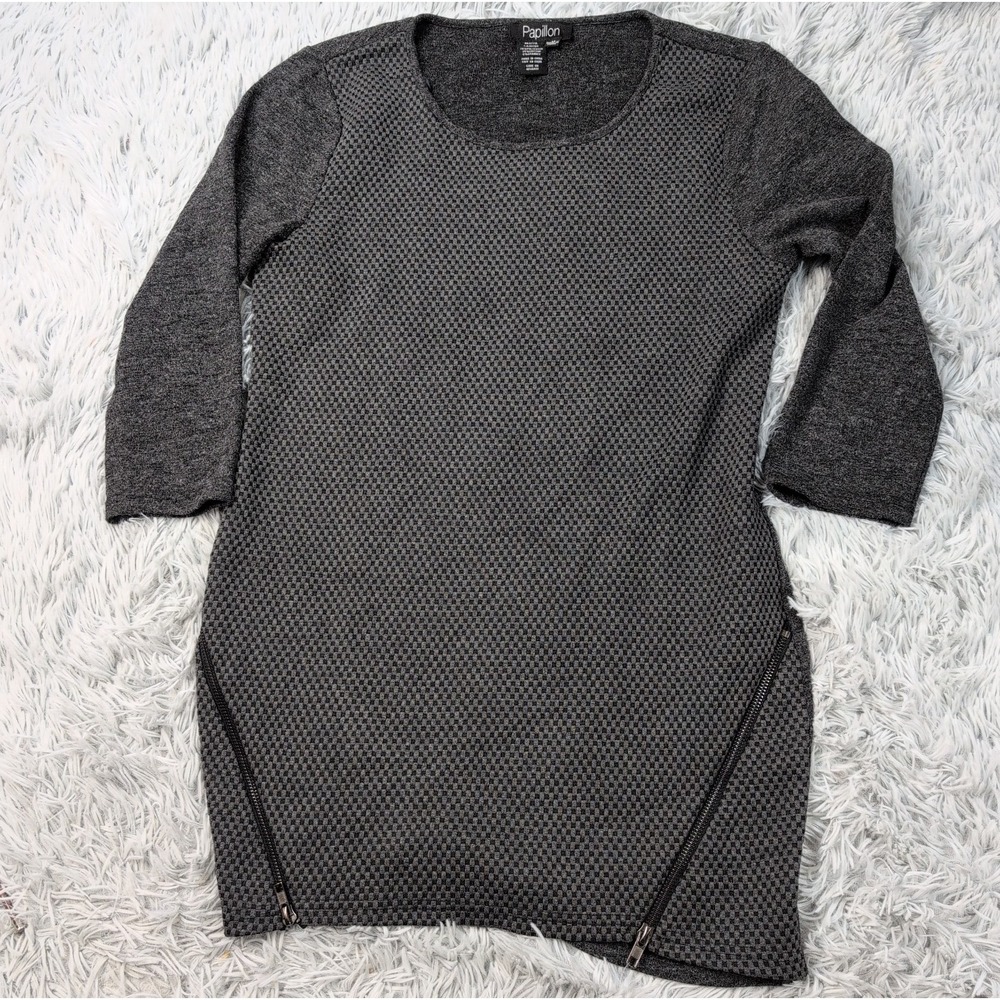 Papillon Shirt Womens M Gray Top Textured Career Casual Comfort Zipper Detail